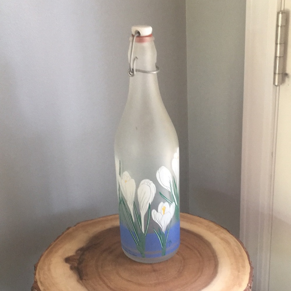 Vintage Cerve Hand Painted Frosted Glass  Bottle ceramic stopper Made in Italy.